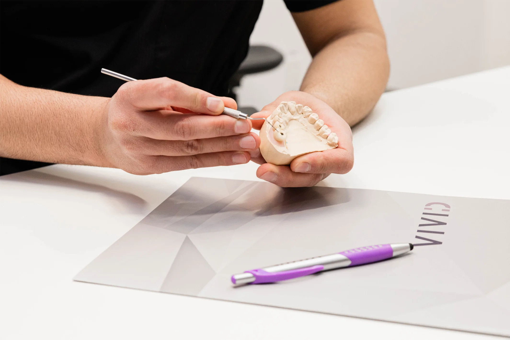 Specialist holding an implant-supported restoration model at Vivid Specialized Dentistry in Edmonton